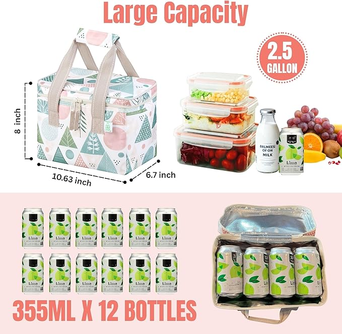 VENO 2 Pack Insulated Lunch Bag for Women Men, Reusable Lunch Box Grocery Shopping Bag Small Cooler with Handles Zippers for Work Office Picnic Beach (Pastel Forest)