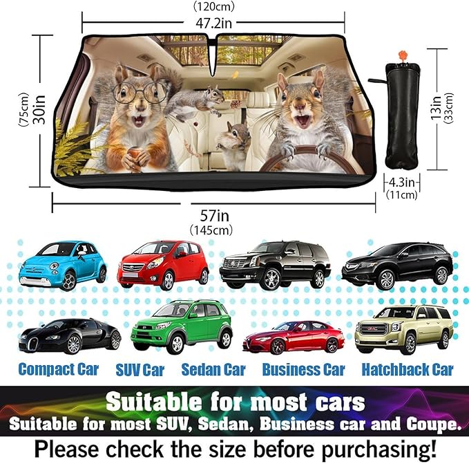 CHILL·TEK Funny Animal Car Windshield Sun Shade Umbrella, Funny Squirrel Car Sun Shade Umbrella, Block UV Rays Heat Foldable Windshield Umbrella Sun Visor Protector - Keep Vehicle Cool for Cars SUV