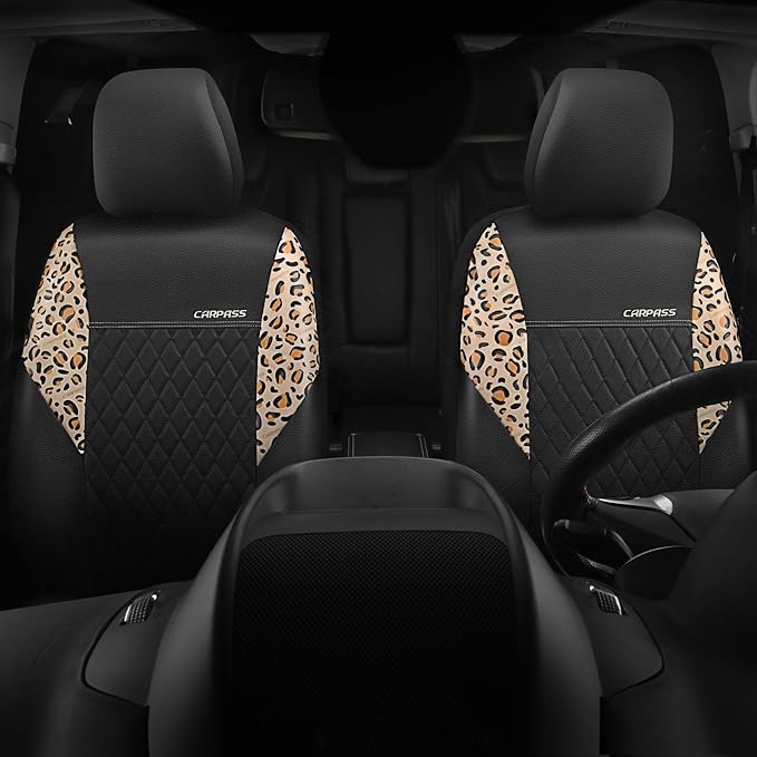 CAR PASS Leather Leopard Two Front Seat Cover Only, Universal Quilting Waterproof Deluxe PU Premium Vinyl Luxury Car Seat Cover Airbag Compatible for Most Sedan,SUV,Truck(Two Front, Brown Leopard)