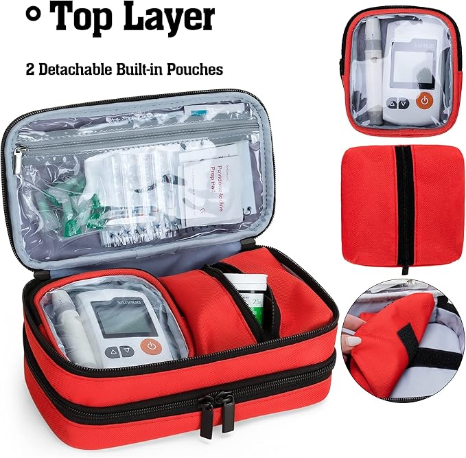 CURMIO Insulated Insulin Cooler Travel Case, Double Layer Diabetic Supplies Storage Bag with Detachable Pouches for Insulin Pens, Diabetic Medication and Ice Packs, Red, Empty Bag Only