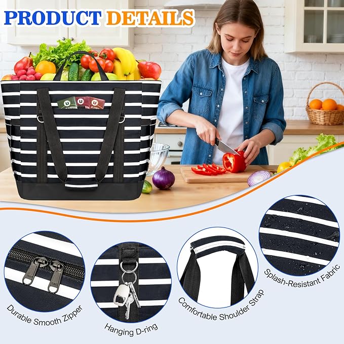 HUANLANG Soft Cooler Bag Insulated for Travel,Large Insulated Grocery Bags with Zippered Top,PEVA Collapsible Food Delivery Cooler Bag for Beach, Travel, Picnics