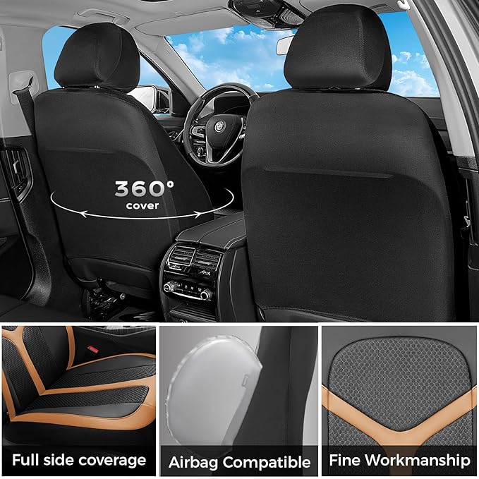 FLORICH Car Seat Covers Full Set, Universal Seat Cover 5 Seats, Automotive Seat Covers with Mesh Leather, Waterproof Car Seat Protector, Breathable Car Seat Cushion for Most Car SUV Truck, Orange