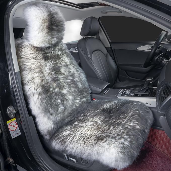 OGLAND Fluffy Sheepskin Car Seat Cover-Fuzzy Fur Auto Cushion for Universal Automotive Protector(Wolf Tipped, 1 Pcs Front Seat Cover)