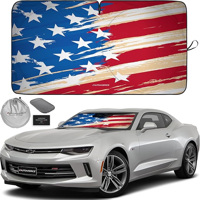 Autoamerics 1-Piece Windshield Sun Shade USA Art Flag - 1 American Design - Foldable Car Front Window Sunshade for Most Sedans SUV Truck - Blocks Max UV Rays and Keeps Your Vehicle Cool - Small