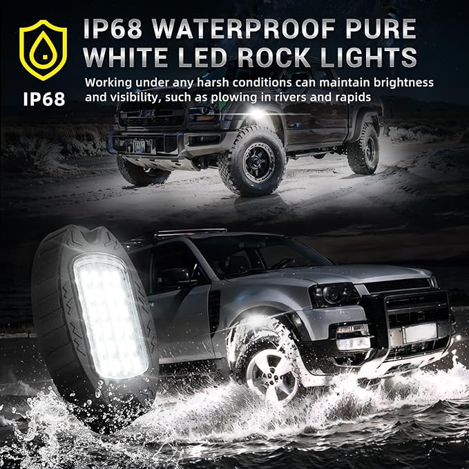 20 Pods Alloy Pure White LED Rock Lights with Extension Wires, IP68 Waterproof Shockproof 24LEDs 6500K Super Bright White Neon Underglow Kit for Semi Trucks Trailer Offroad Pickup Boats Sedans RV