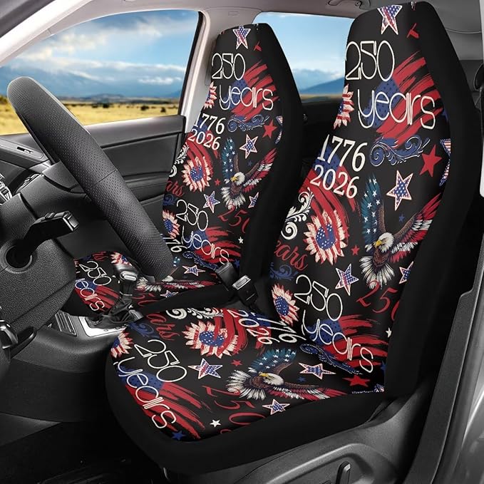 ELEQIN 250 Patriotic American Flag Car Front Seat Covers, 2 Pack Polyester Automotive Seat ProtectorsSoft & Breathable, Automotive Interior Accessories for Most Cars