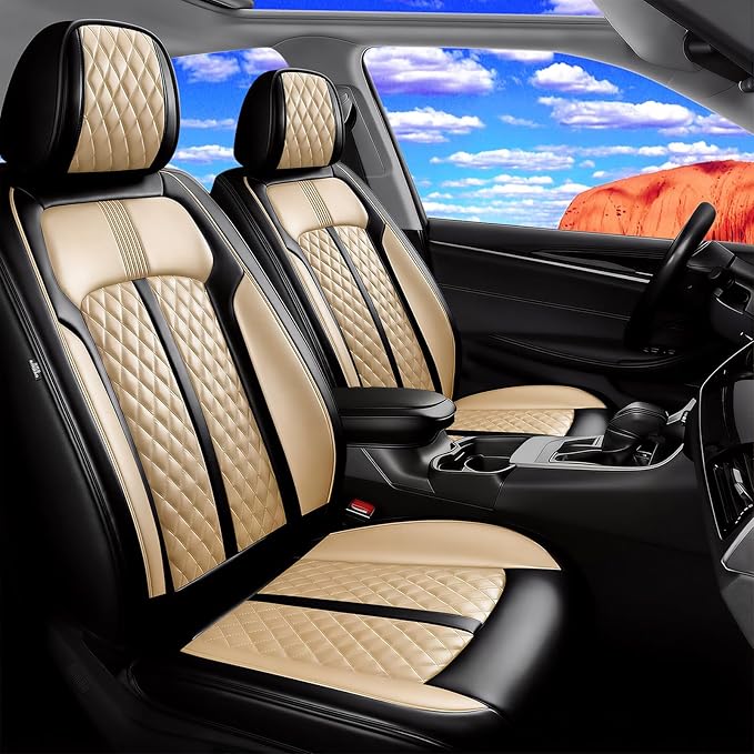 Fit HR-V Car Seat Covers for Honda HRV 2016-2025 2026 LX/EX/EXL/Sport - Full Coverage Leather, Airbag Compatible, Breathable Waterproof All Weather Seat Protector, Full Set, Black+Beige