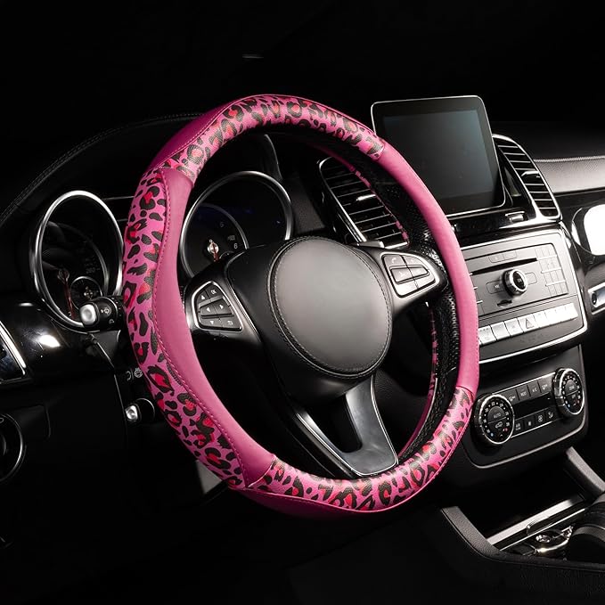 Lord Autofashion Steering Wheel Cover – PU Leather, Non-Slip Rubber Inner, All-Season Comfort – 14.5–15 Inch (Black/Pink Tiger 8684)