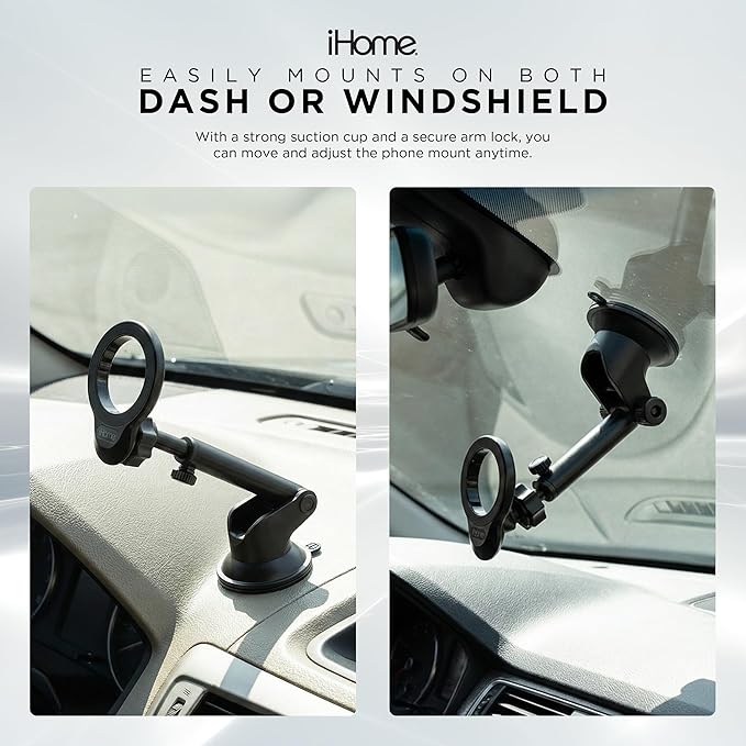 iHome Car Mount, Dashboard/Windshield/Vent Mount, Swivel Neck, Silicone Grip, Adjustable Mount Arm with Suction Cup Base (Magnetic Car Mount)