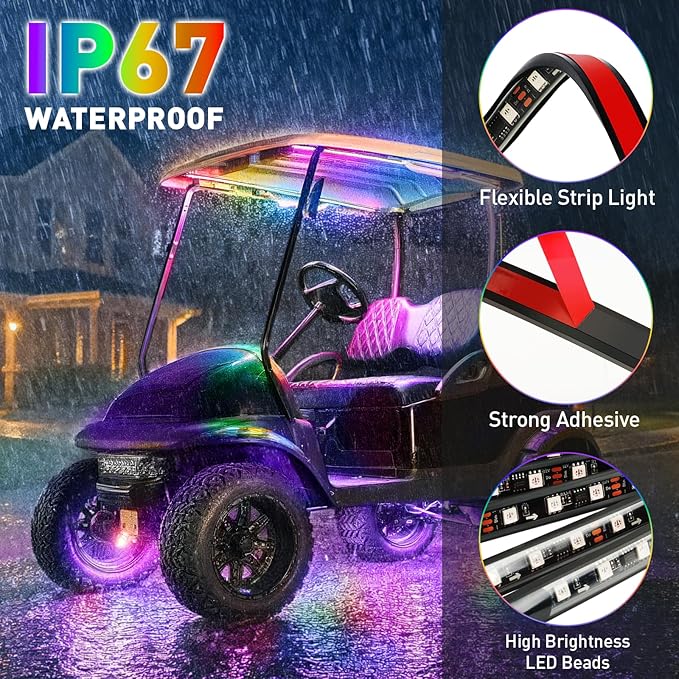 Golf Cart Underglow LED Light Strip Kit, 28 RGB Modes with Music Sync & Wireless Remote | 12-85V Wide Voltage, Fit Club Car, EZGO, Yamaha (2/4/6 PCS)