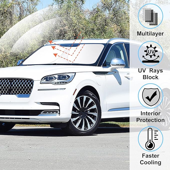 Windshield Sun Shade Custom Fit for 2020-2024 2025 2026 Lincoln Aviator Accessories Foldable Window Sunshade Sun Blocker Protect Car from Sun Rays & Heat Damage Keeps Car Cooler