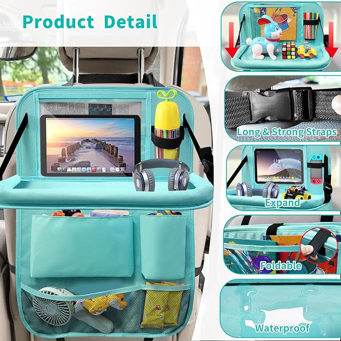 Backseat Car Organizer with Tablet Holder, 6 Storage Pockets Car Storage Organizer with Foldable Food Tray, Kick Mats Travel Accessories, 2 Pack BLue