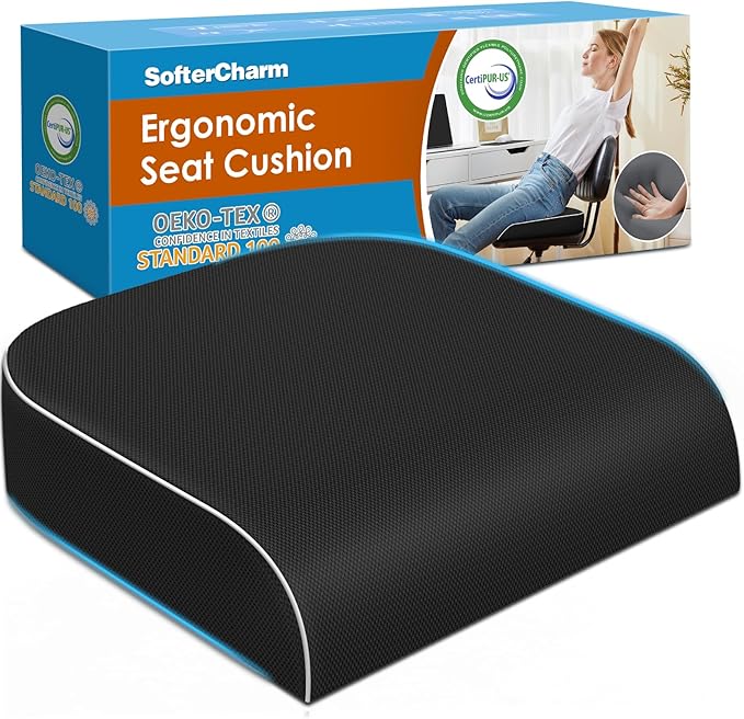 Seat Cushion, Memory Foam Office Chair Cushions for Long Sitting Hours, Chair Pad for Sciatica, Coccyx, Tailbone, Hip Pain & Pressure Relief, Office, Home, Car Seats, Airplane, Black/Large