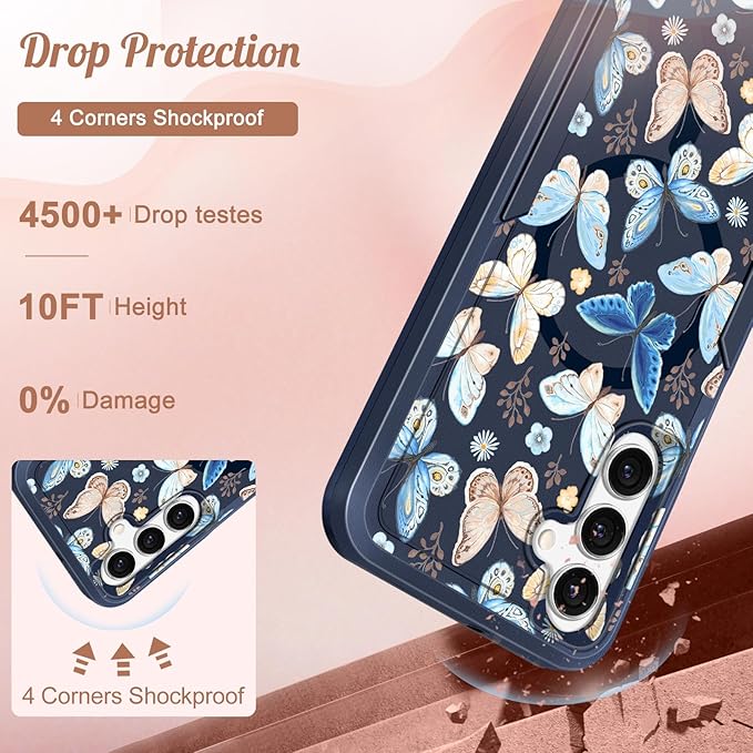 for Samsung Galaxy A14 5G Phone Case - Compatible with MagSafe Women Girls Cute Magnetic Protective Cover Girly Blue Butterfly Heavy Duty Shockproof Design for Samsung Galaxy A14 5G Cases