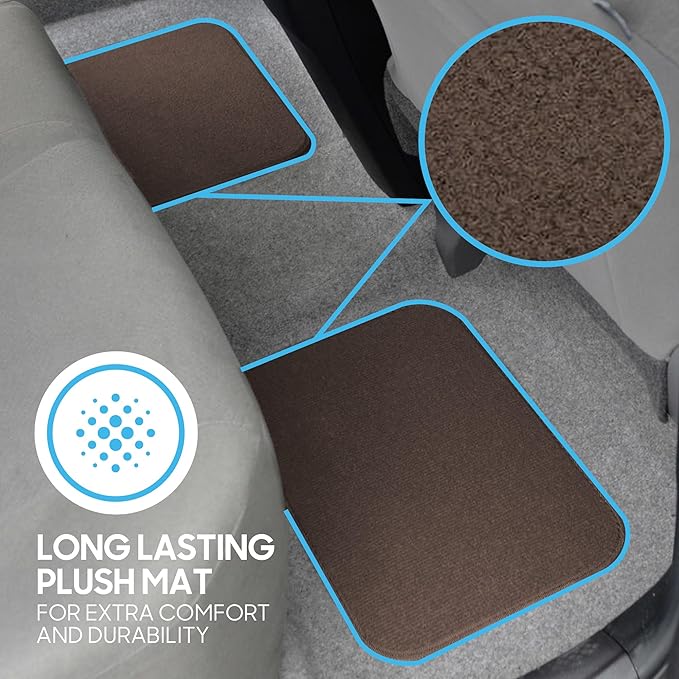BDK Premium Dark Beige Carpet Floor Mats for Cars - Universal Fit Interior 4-Piece Car Mats Full Set with Vinyl Heel Pad Protector - Cute Car Accessories Interior Floor Covers for SUVs & Trucks