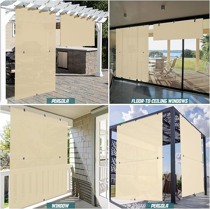 Bynbbur 8'W x 5'H Outdoor Patio Shades Foldable Roller Blinds, 220 GSM Sun Shade Roll Up Porch Screens Exterior Shade Cloth for Deck Pergola Backyard, Beige
