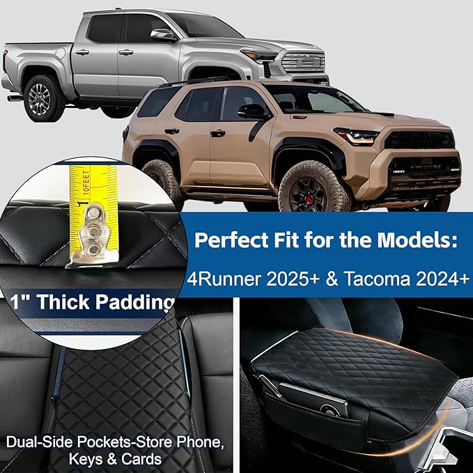Center Console Cover Fit for Toyota 4 Runner 2025 2026 Thickened Leather Armrest Cover Cushion 4Runner (SR5, TRD Sport,Off-Road,Premium,Limited,Platinum,Trailhunter) Center Lid Protector With Pockets