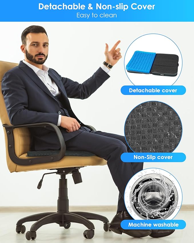 Gel Seat Cushion, Portable Travel Cushion for Long Sitting, Thick & Foldable, 14.5" x 10.5" Large Size Chair Seat Cushion for Office Chair Car Wheelchair, Relief Sciatica Coccyx Pain