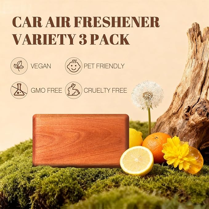 Car Air Freshener - Wood Air Freshener - Car Odor Eliminator - Long Lasting Scent - Auto Accessories -VISOR CLIP INCLUDED (Teak-Open Air-Charming Orchard)