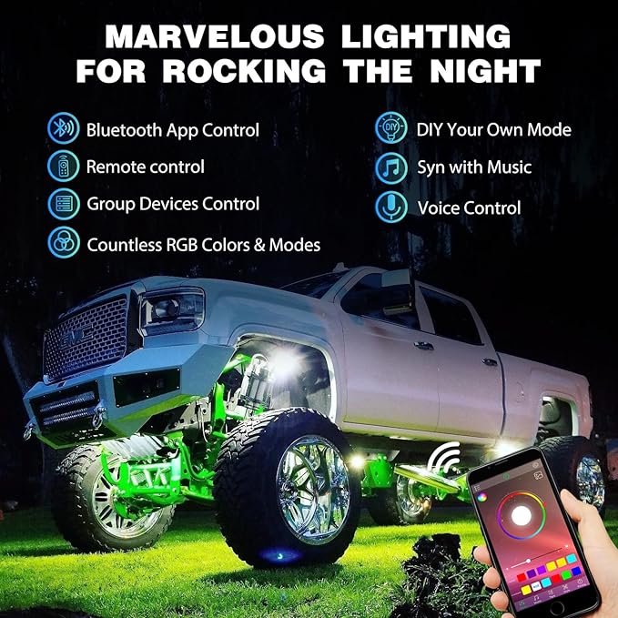 Nilight RGB LED Rock Lights Kit 8 PCS Underglow Multicolor Neon Light Pod with Magnetic Base Bluetooth App Control Flashing Music Mode IP68 Wheel Well Light for Truck ATV UTV RZR SUV