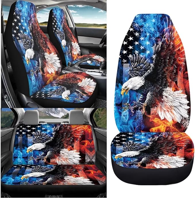 KEIAHUAN American Flag Bald Eagle Car Seat Covers Full Set Auto Front Seat Cushion Rear Split Bench Seat Pads Breathable & Washable Fit Most Cars, Trucks, SUV or Vans