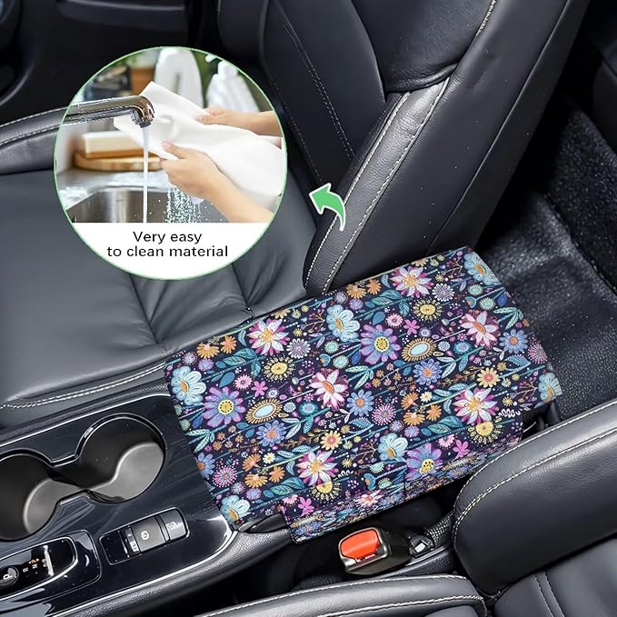 Wanyint Hippie Flower Lotus Car Center Console Cushion Cover Universal Armrest Box Mat Scratch Resistant Wear-Resistant Arm Rest Pad with Pockets Storage Bag Auto Accessories for Women