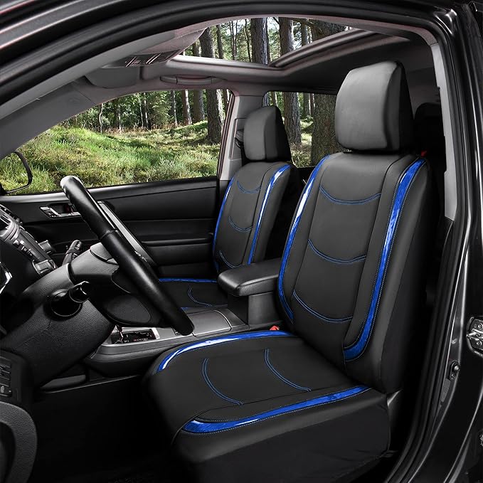 FH Group Full Set Faux Leather Car Seat Covers - Universal Fit, Low Back Front Seat Covers, Airbag Compatible, Split Bench Rear Seat Cover for SUV, Sedan, Blue