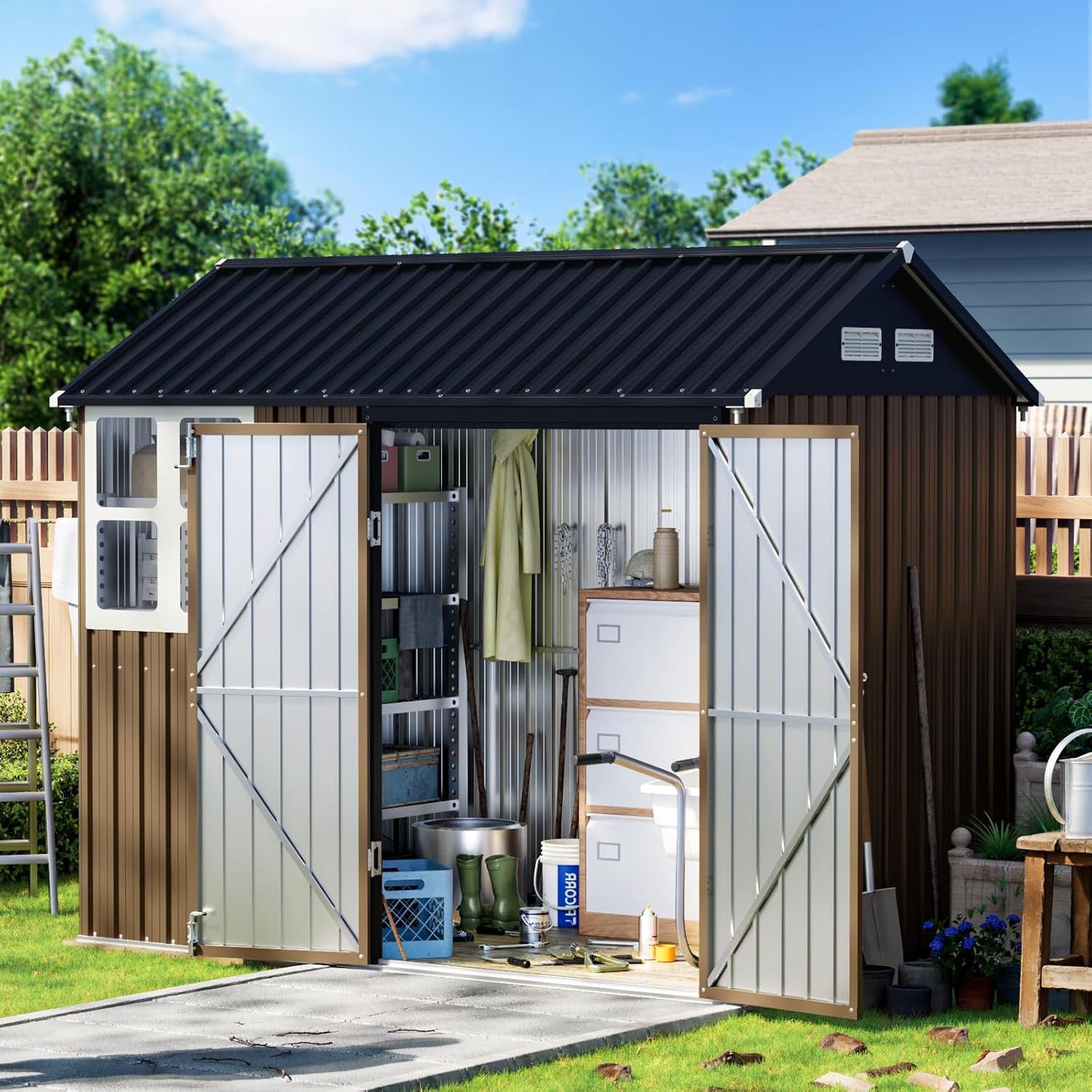 8X6FT Outdoor Steel Storage Shed with Lockable Doors, Frame Floor (No Wood/Other Boards),One Window,Ideal for Garden, Backyard, Patio Storage,Brown
