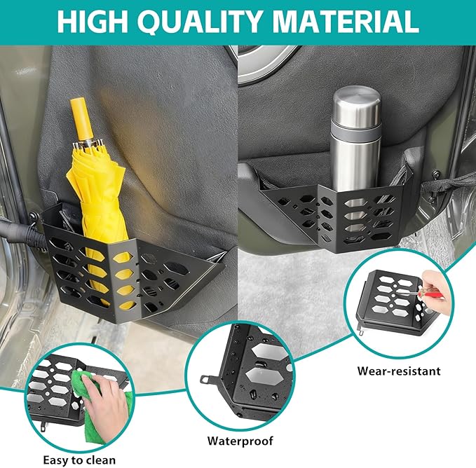 Front & Rear Door Pocket Cup Holder Organizer Compatible with 2007-2018 Jeep Wangler JK JKU Rubicon Sahara Accessories, Metal Door Side Insert Storage Box Expansion Accessories