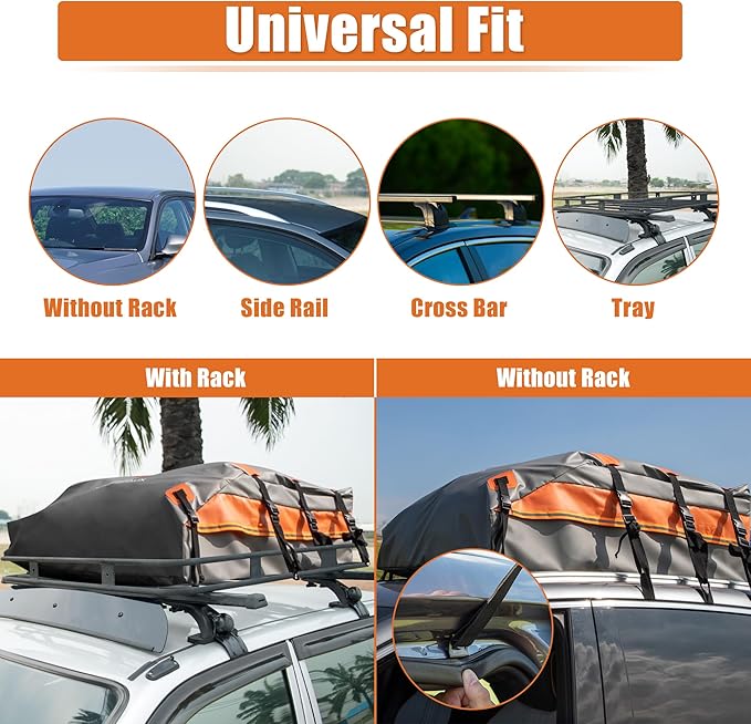 X AUTOHAUX 1000D PVC Waterproof Car Roof Bag Rooftop Cargo Carrier Bag Waterproof Luggage Carriers for Cars with or without Rack Anti-Slip Mat 6 Door Hooks - 15 Cubic Feet