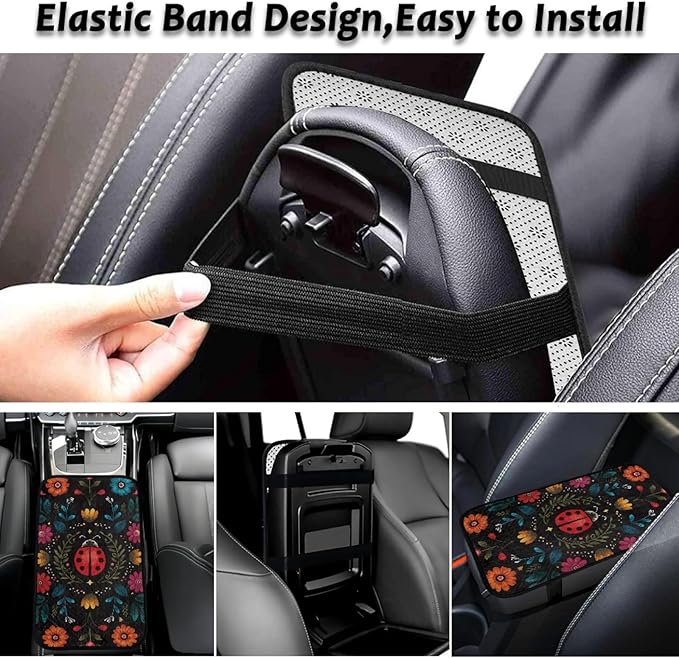 CLOHOMIN Cute Ladybug Center Console Armrest Cover for Car Sedan Van Flannel Car Armrest Cushion Winter Automobile Arm Rest Cushion Pad Flowers Auto Decoration Accessories