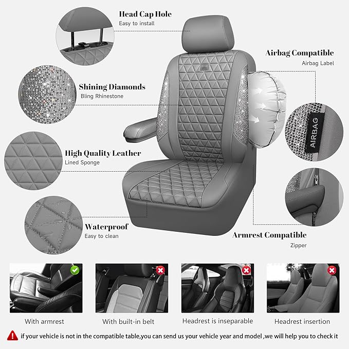 CAR PASS Bling Diamond Gray Leather Car Seat Covers Full Sets Interior Sets, Waterproof Shining Glitter Sparkly Crystal Universal Armrest Fit for Automotive Truck SUV Cute Women Girl, Gray Rhinestone