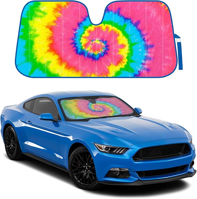 BDK Colorful Rainbow Tie Dye Windshield Sunshade for Cars - Multi-Colored Double Bubble Accordion Folding Sun Shade for Car Truck SUV – Car Sun Visor Protector to Keep Your Vehicle Cool - 58 x 27