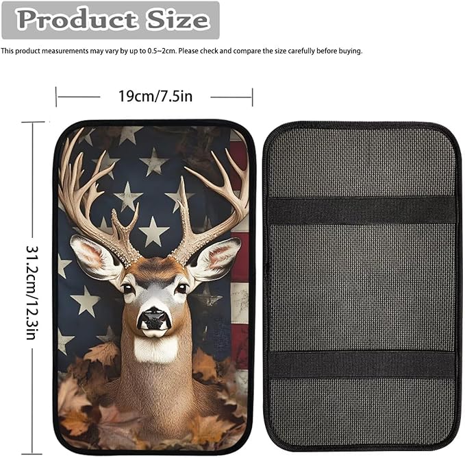 Suobstales Deer American Flag Leaves Print Car Armrest Pad Soft Center Console Arm Rest Protector Cover Universal Car Interior Accessories Decoration