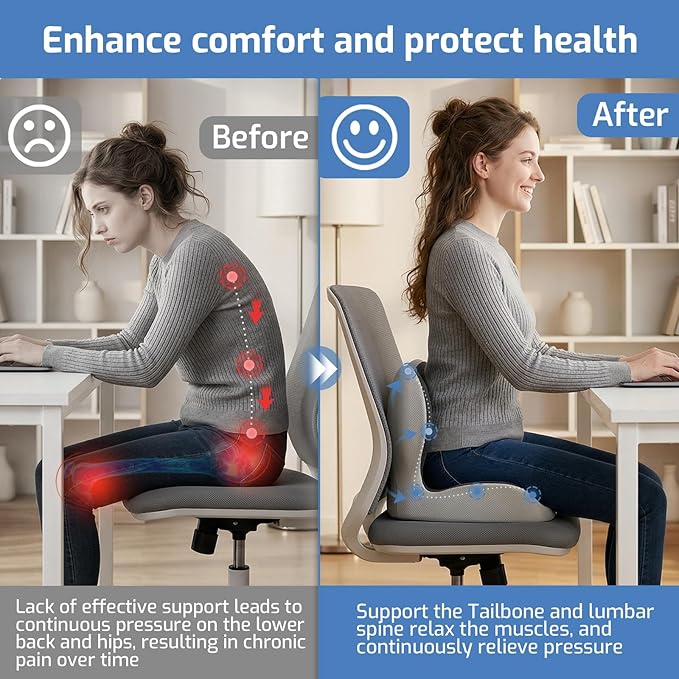 Seat Cushion,Memory Foam Chair Cushion for Office and Car,Ergonomic Coccyx Seat Cushion for Tailbone,Sciatic Nerve,Back Pressure Relief,Lumbar Support Pilow for Office,Car,Truck,Desk Chair