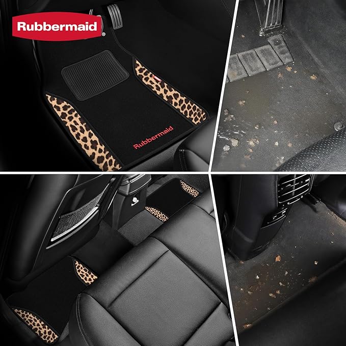 Rubbermaid Car Mats, Carpeted Floor Car Mat with Faux Leather & Built-in Heel Pad, Two-Tone Car Rug Floor Mats, Stylish Carpeted Floor Mats for Cars, Trucks & SUVs Leopard Patten Design