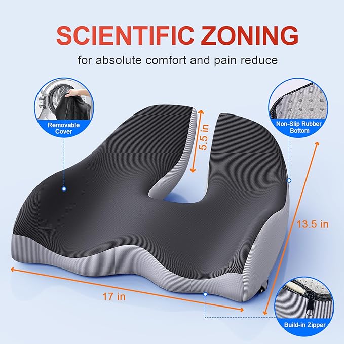 Benazcap X Large Memory Seat Cushion for Office Chair Ergonomic Cushions Butt Pillow for Pressure Relief Sciatica & Pain Relief Memory Foam for Long Sitting for Gaming Chair and Car Seat-Black & Grey