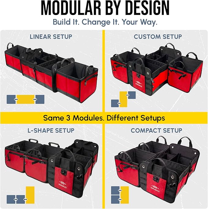 5-Section Trunk Organizer with Cooler – Extra Large Modular Car Storage System with Insulated Compartment, Foldable Multi-Module Cargo Organizer for Groceries & Travel – Red