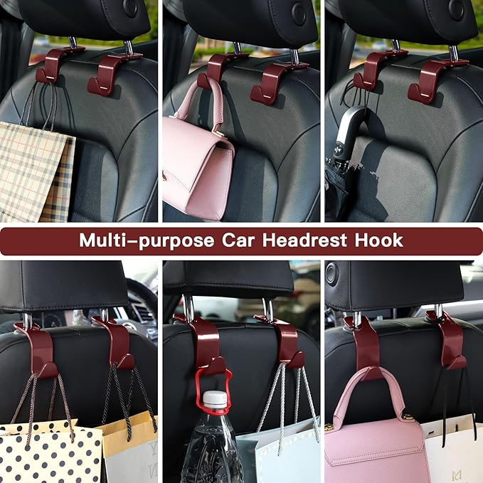 Soleebee 4 Pack Car Headrest Hooks - Universal Auto Hooks, Back Seat Hangers, Storage Organizer (Brown)
