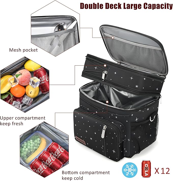MIYCOO Lunch Bag & Lunch Box for Women Men, Double Deck Leakproof Insulated Soft Large Adult Camping Cooler bag for Work, Beach, Picnic, Travel (Black Starry Sky, 15L)
