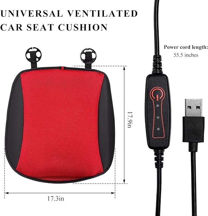 Cooling Car Seat Cushion, Ventilated Cool Bottom Seat Cover with USB Interface, 3-Speed Adjustable Comfy Cooling Pad for Auto Front Seats Home Office Chairs, Car Accessories (Red)