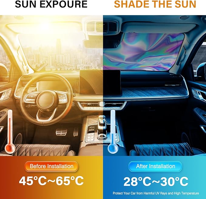 Iridescent Sun Shade for Car Windshield, Foldable Universal Car Windshield Upgrade Sunshade Enhanced UV Rays Reflective Sun Visor Shade Keeps Vehicle Cool