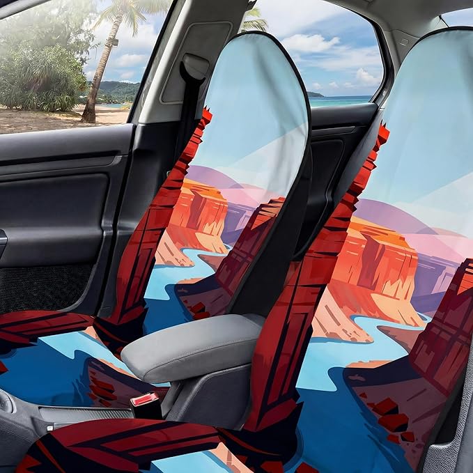2 Pack Car Seat Towel Covers, Sweat Protector for Front Seats, Premium Thickened Microfiber with The Grand Canyon, Breathable & Quick Dry, Slip-on Headrest Pocket for Gym Running Beach Universal Fit