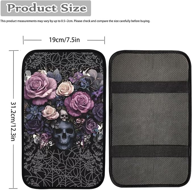 Skull Rose Print Armrest Cushion Cover for Car Dirt-Resistant & Scratch Proof Auto Armrest Seat Box Cover Protector Universal Fit Auto Interior Decor