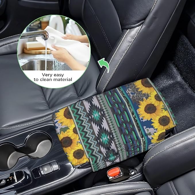 Tupalatus Aztec Center Console Cover Car Accessories Sunflowers Decor Comfort Armrest Cover Non-Slip Auto Console Cushion Pad with Pockets Fit for Most Vehicle, SUV, Truck