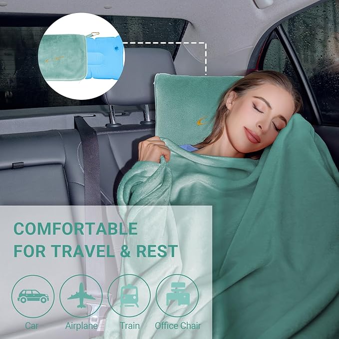 Travel Blanket & Pillow Set, 300 GSM Soft Fleece, 60x43 Inches, 3-in-1 Airplane Blanket, Travel Pillow and Blanket Set, Travel Blanket Airplane Compact with Bag, Travel Essentials,Mint Green