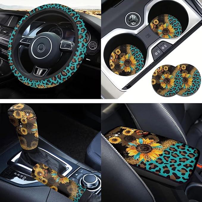 Sunflower Print Car Steering Wheel Cover Set for Men Women Leopard Print Auto Accessories 6 Pcs Sets Car Armrest Cover Handbrake Cover Suit for Most Cars Truck Vans SUV
