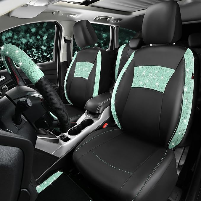 CAR PASS Universal Mint Leather Lace Car Seat Covers Full Set for Women Girls, Waterproof Car Floor Mats Carpet, Glitter Steering Wheel Cover for Car Accessories Interior Sets,10PCS Included