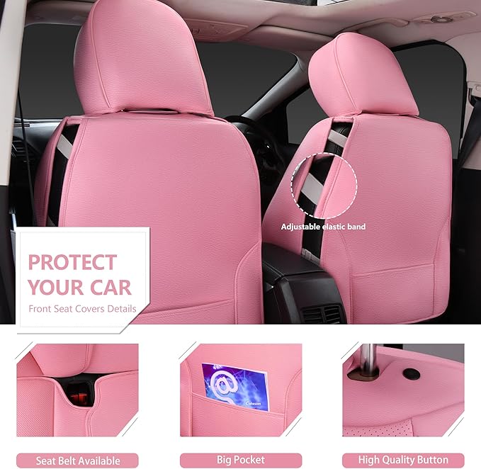 CAR PASS Nappa Pink PU Leather Car Seat Covers Full Set Cute for Women Waterproof Cushioned,Universal Fit for Sedan SUV Pick-up Truck,Automotive, Anti-Slip Front and Backseat Luxury Premium (Pink)