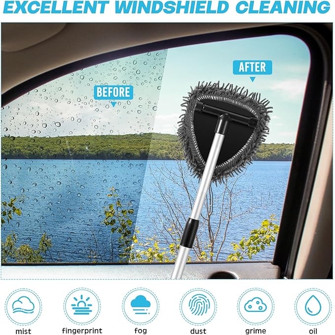 Baderke 9 Pcs Car Windshield Cleaner Tool Kit with with Extendable Handle, Microfiber Towel Pads, Sponge, Ventilation Brush, Empty Spray Bottle for Auto Glass Wiper Suvs Rvs & Home Windows(Grey)